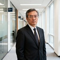一位45岁左右穿着深色西装戴着无框眼镜的中年男性，背景为写字楼走廊